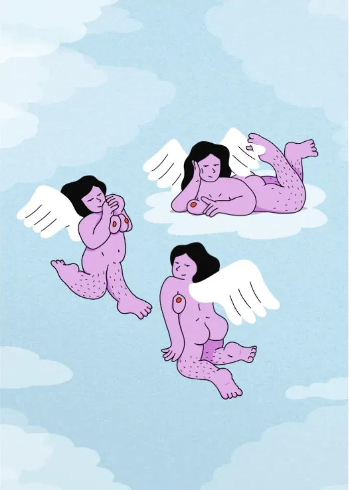 Three hairy lilac angels lounging on clouds.